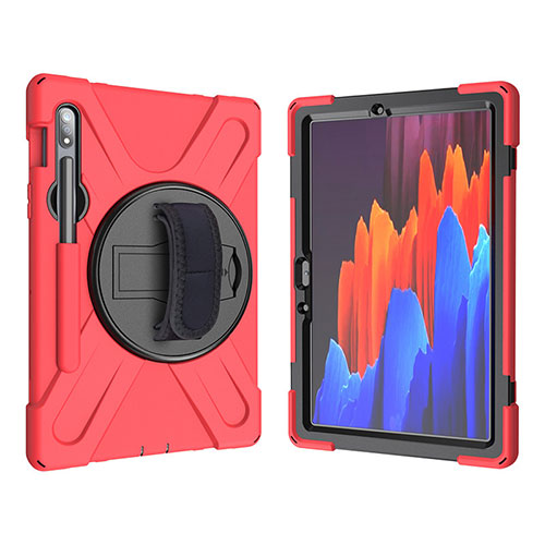 Silicone Matte Finish and Plastic Back Cover Case with Stand A01 for Samsung Galaxy Tab S7 4G 11 SM-T875 Red