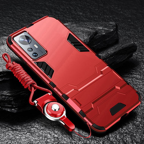 Silicone Matte Finish and Plastic Back Cover Case with Stand A01 for Xiaomi Mi 12 Pro 5G Red