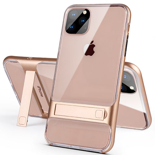 Silicone Matte Finish and Plastic Back Cover Case with Stand A02 for Apple iPhone 11 Pro Max Gold