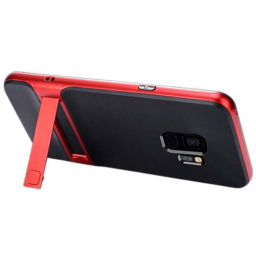 Silicone Matte Finish and Plastic Back Cover Case with Stand A02 for Samsung Galaxy S9 Red