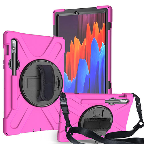 Silicone Matte Finish and Plastic Back Cover Case with Stand A02 for Samsung Galaxy Tab S7 4G 11 SM-T875 Hot Pink