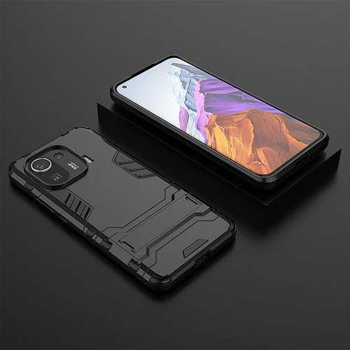 Silicone Matte Finish and Plastic Back Cover Case with Stand A03 for Xiaomi Mi 11 Pro 5G Black