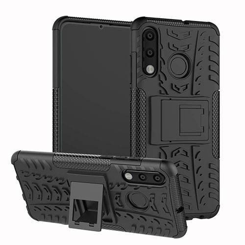 Silicone Matte Finish and Plastic Back Cover Case with Stand A04 for Huawei Nova 4e Black