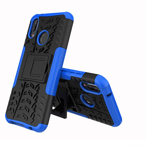 Silicone Matte Finish and Plastic Back Cover Case with Stand A04 for Huawei P20 Lite Blue