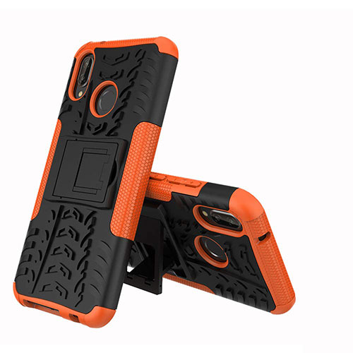 Silicone Matte Finish and Plastic Back Cover Case with Stand A04 for Huawei P20 Lite Orange