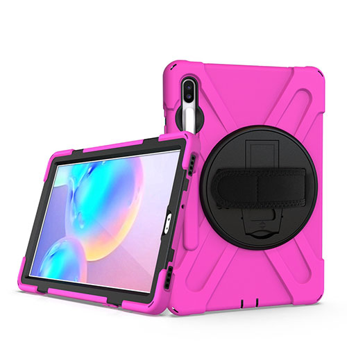 Silicone Matte Finish and Plastic Back Cover Case with Stand A04 for Samsung Galaxy Tab S6 10.5 SM-T860 Hot Pink