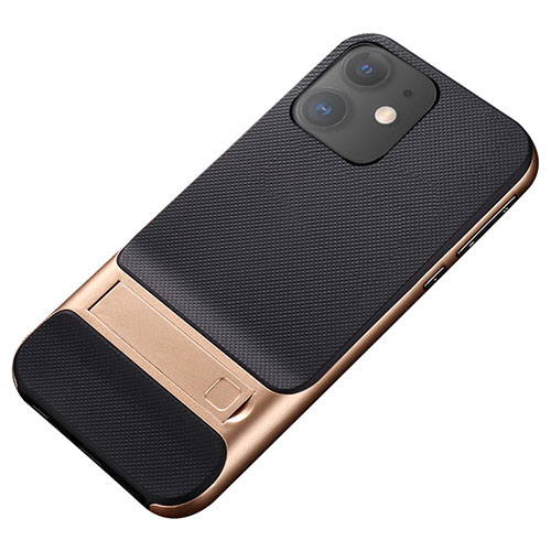 Silicone Matte Finish and Plastic Back Cover Case with Stand A05 for Apple iPhone 11 Gold and Black