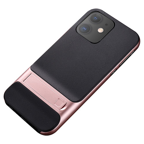 Silicone Matte Finish and Plastic Back Cover Case with Stand A05 for Apple iPhone 11 Rose Gold