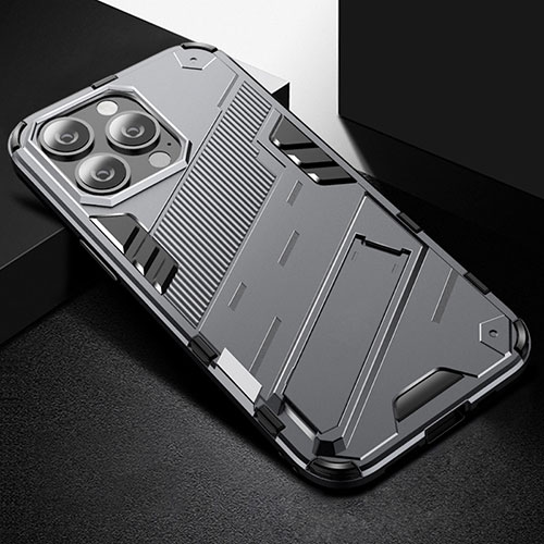 Silicone Matte Finish and Plastic Back Cover Case with Stand A05 for Apple iPhone 13 Pro Gray