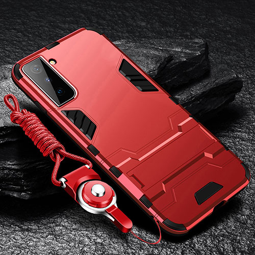 Silicone Matte Finish and Plastic Back Cover Case with Stand A05 for Samsung Galaxy S21 Plus 5G Red