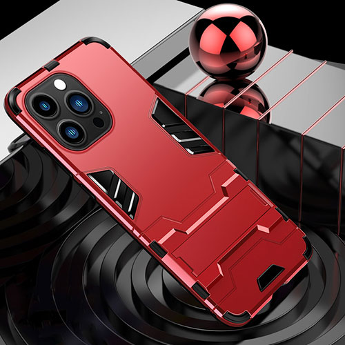 Silicone Matte Finish and Plastic Back Cover Case with Stand A06 for Apple iPhone 13 Pro Max Red