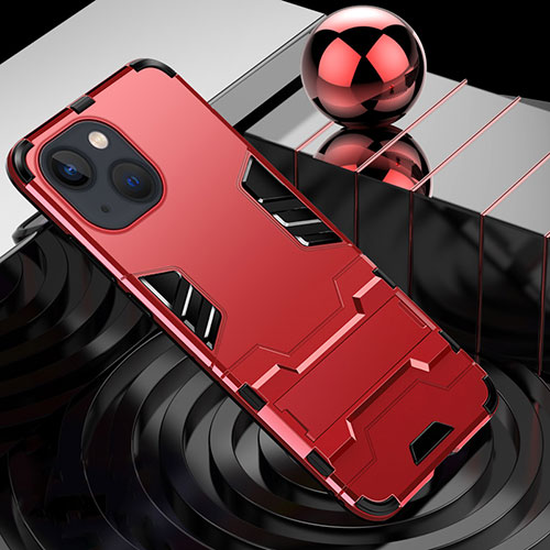 Silicone Matte Finish and Plastic Back Cover Case with Stand A06 for Apple iPhone 14 Red
