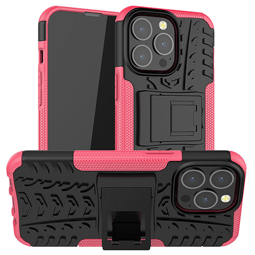 Silicone Matte Finish and Plastic Back Cover Case with Stand A07 for Apple iPhone 13 Pro Hot Pink