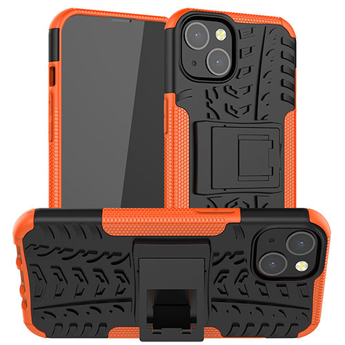 Silicone Matte Finish and Plastic Back Cover Case with Stand A07 for Apple iPhone 14 Orange