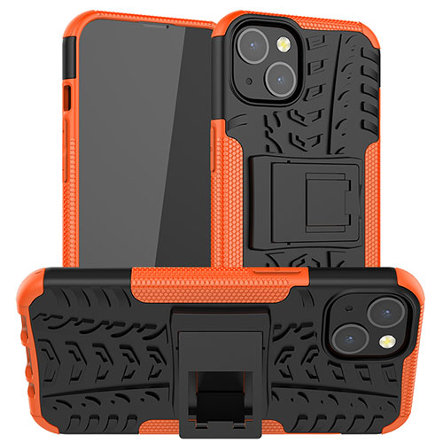 Silicone Matte Finish and Plastic Back Cover Case with Stand A07 for Apple iPhone 14 Plus Orange