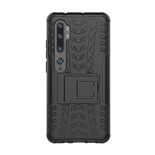 Silicone Matte Finish and Plastic Back Cover Case with Stand D01 for Xiaomi Mi Note 10 Pro Black
