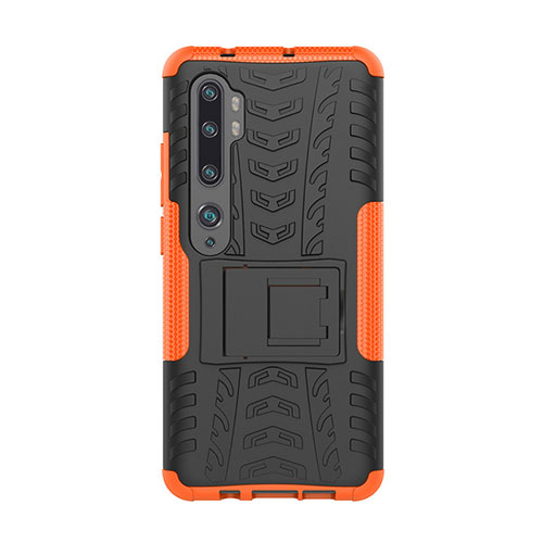 Silicone Matte Finish and Plastic Back Cover Case with Stand D01 for Xiaomi Mi Note 10 Pro Orange