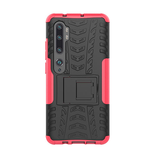 Silicone Matte Finish and Plastic Back Cover Case with Stand D01 for Xiaomi Mi Note 10 Pro Pink