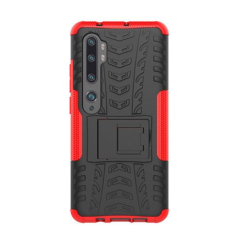 Silicone Matte Finish and Plastic Back Cover Case with Stand D01 for Xiaomi Mi Note 10 Red