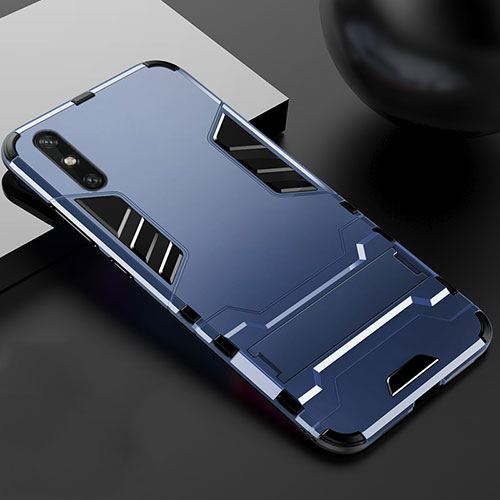 Silicone Matte Finish and Plastic Back Cover Case with Stand for Huawei Enjoy 10e Blue