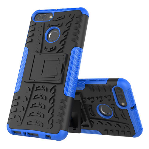 Silicone Matte Finish and Plastic Back Cover Case with Stand for Huawei Enjoy 8 Plus Blue