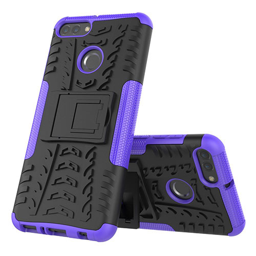 Silicone Matte Finish and Plastic Back Cover Case with Stand for Huawei Enjoy 8 Plus Purple