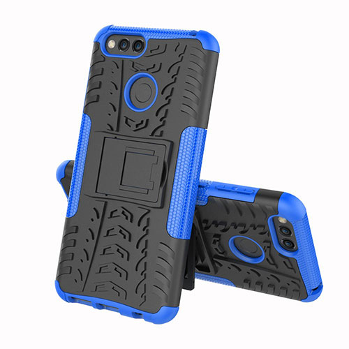 Silicone Matte Finish and Plastic Back Cover Case with Stand for Huawei Enjoy 8e Blue