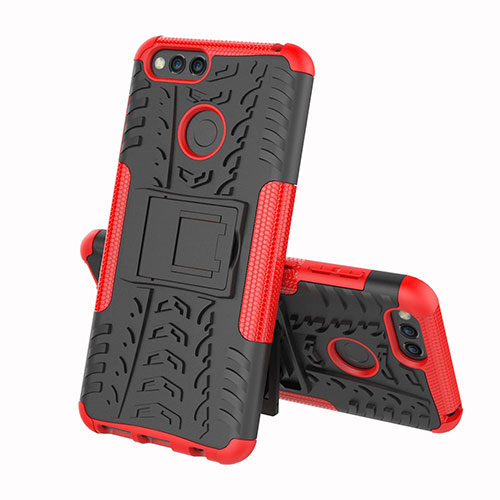 Silicone Matte Finish and Plastic Back Cover Case with Stand for Huawei Honor 7A Red