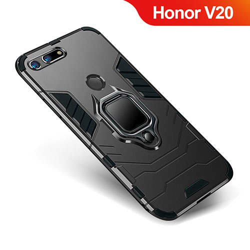 Silicone Matte Finish and Plastic Back Cover Case with Stand for Huawei Honor V20 Black