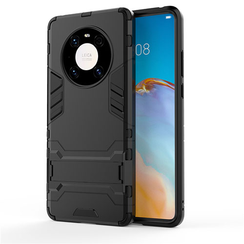Silicone Matte Finish and Plastic Back Cover Case with Stand for Huawei Mate 40 Pro Black