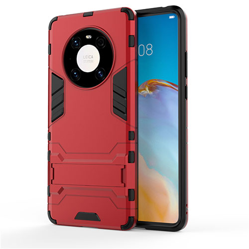 Silicone Matte Finish and Plastic Back Cover Case with Stand for Huawei Mate 40 Pro Red