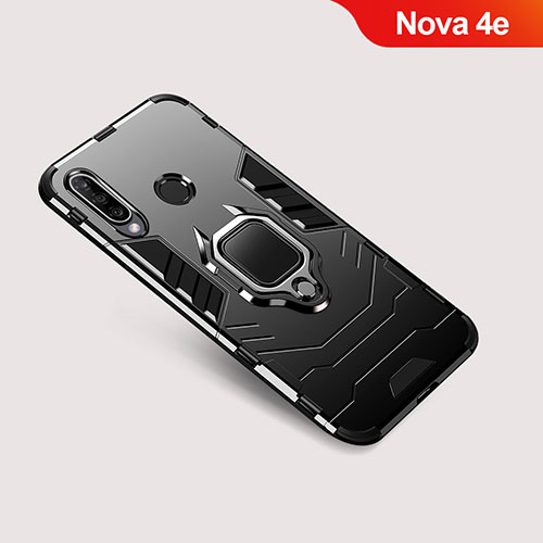 Silicone Matte Finish and Plastic Back Cover Case with Stand for Huawei Nova 4e Black