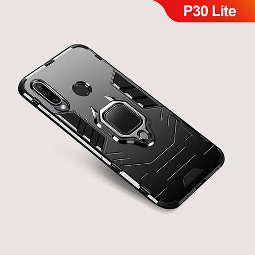 Silicone Matte Finish and Plastic Back Cover Case with Stand for Huawei P30 Lite Black