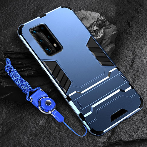 Silicone Matte Finish and Plastic Back Cover Case with Stand for Huawei P40 Pro+ Plus Blue
