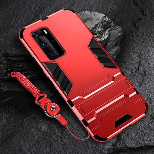 Silicone Matte Finish and Plastic Back Cover Case with Stand for Huawei P40 Pro Red