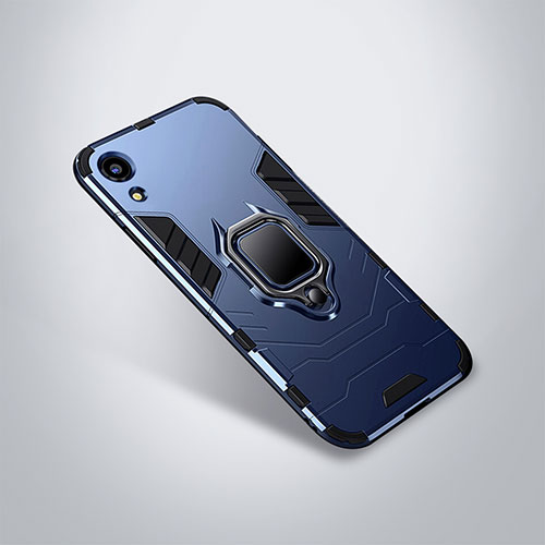 Silicone Matte Finish and Plastic Back Cover Case with Stand for Huawei Y6 Prime (2019) Blue