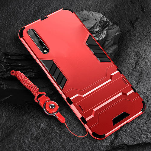 Silicone Matte Finish and Plastic Back Cover Case with Stand for Huawei Y8p Red