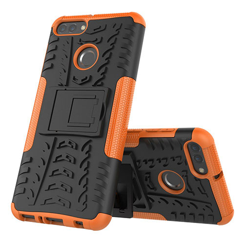 Silicone Matte Finish and Plastic Back Cover Case with Stand for Huawei Y9 (2018) Orange
