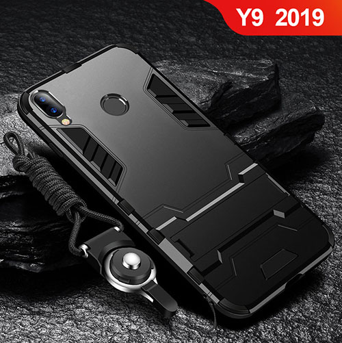 Silicone Matte Finish and Plastic Back Cover Case with Stand for Huawei Y9 (2019) Black