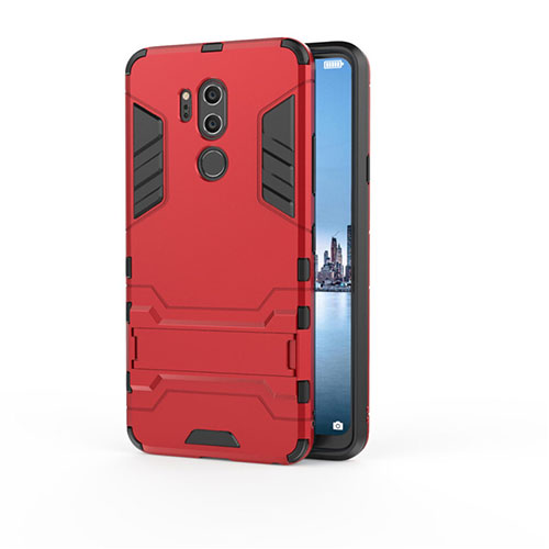 Silicone Matte Finish and Plastic Back Cover Case with Stand for LG G7 Red