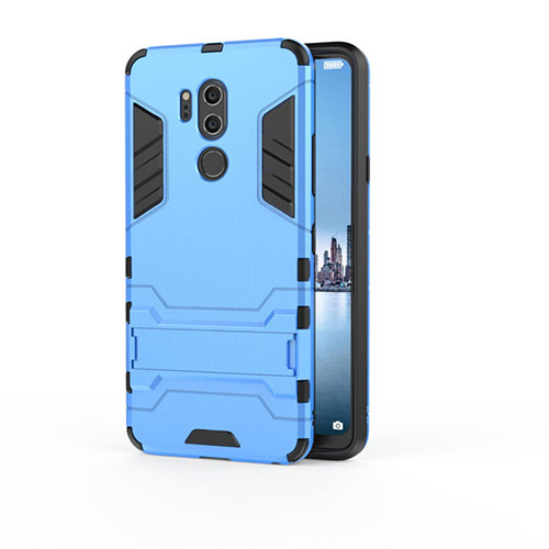 Silicone Matte Finish and Plastic Back Cover Case with Stand for LG G7 Sky Blue