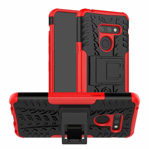 Silicone Matte Finish and Plastic Back Cover Case with Stand for LG G8 ThinQ Red