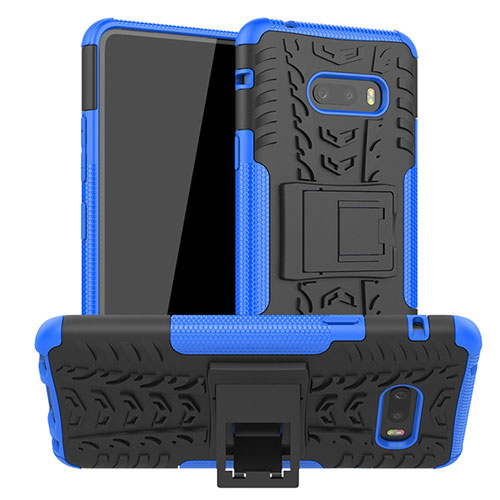 Silicone Matte Finish and Plastic Back Cover Case with Stand for LG G8X ThinQ Blue