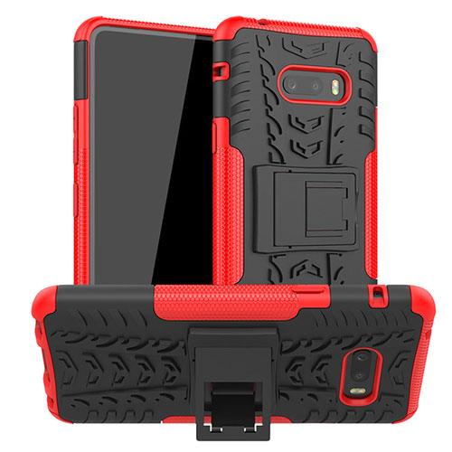 Silicone Matte Finish and Plastic Back Cover Case with Stand for LG G8X ThinQ Red