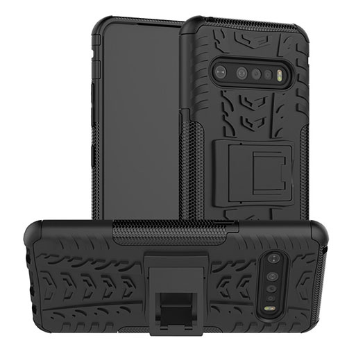 Silicone Matte Finish and Plastic Back Cover Case with Stand for LG V60 ThinQ 5G Black