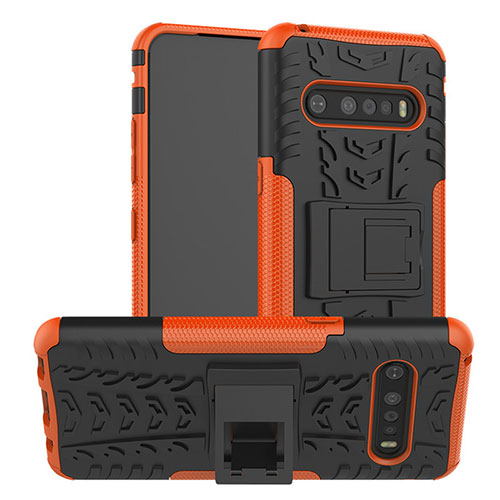 Silicone Matte Finish and Plastic Back Cover Case with Stand for LG V60 ThinQ 5G Orange