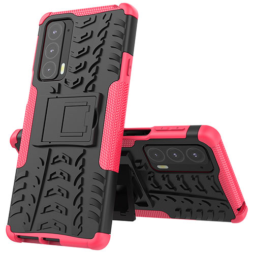 Silicone Matte Finish and Plastic Back Cover Case with Stand for Motorola Moto Edge 20 5G Hot Pink