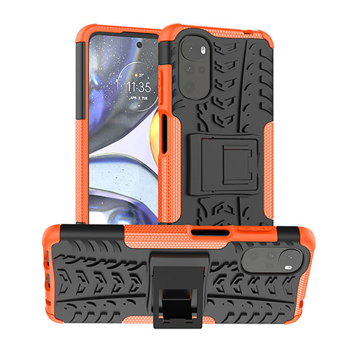 Silicone Matte Finish and Plastic Back Cover Case with Stand for Motorola Moto G22 Orange
