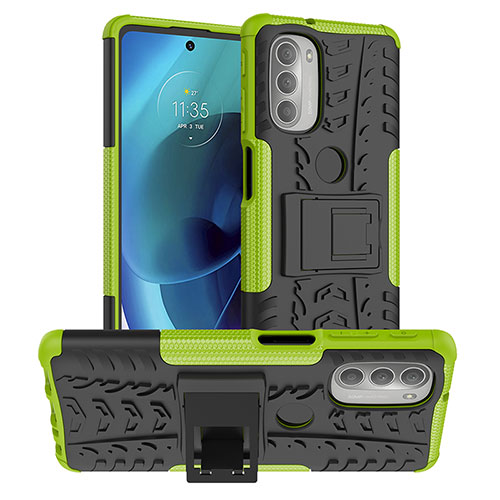 Silicone Matte Finish and Plastic Back Cover Case with Stand for Motorola Moto G51 5G Green