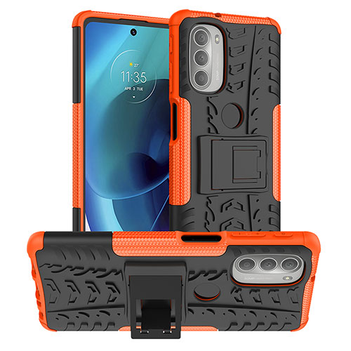 Silicone Matte Finish and Plastic Back Cover Case with Stand for Motorola Moto G51 5G Orange